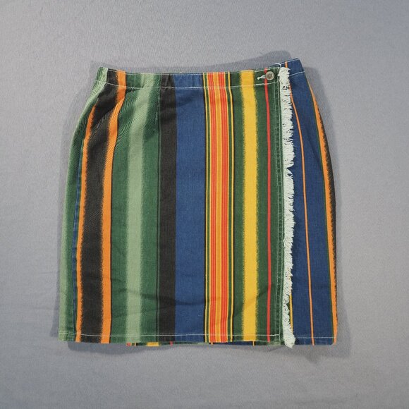 Gitano Dresses & Skirts - Vintage Gitano Skirt Women 11 12 Green Blue Stripe Wrap Raw Edge Hippie Retro